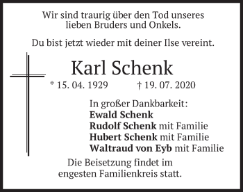 Traueranzeige von Karl Schenk von merkurtz