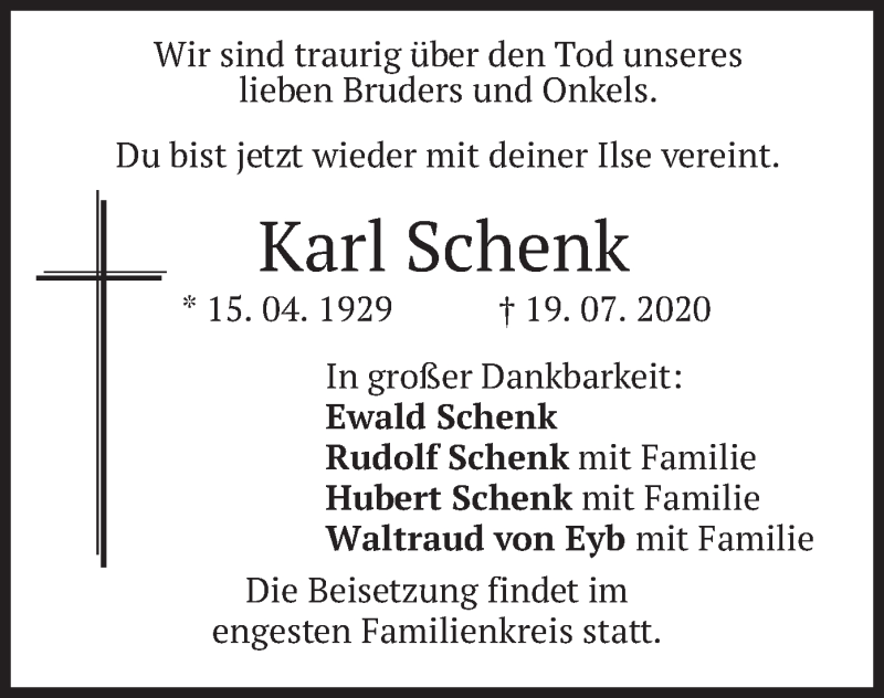  Traueranzeige für Karl Schenk vom 25.07.2020 aus merkurtz