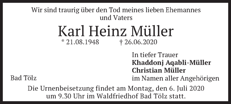  Traueranzeige für Karl Heinz Müller vom 04.07.2020 aus merkurtz