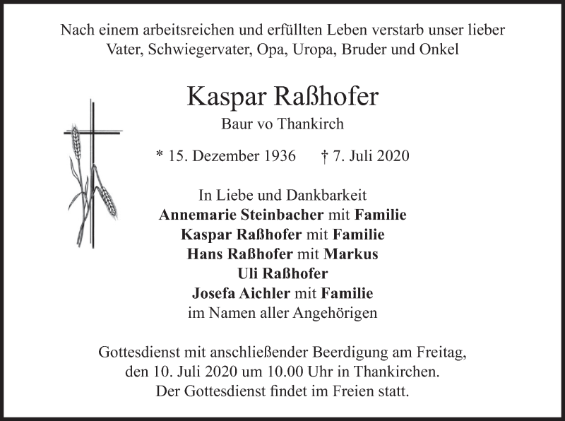  Traueranzeige für Kaspar Raßhofer vom 09.07.2020 aus merkurtz
