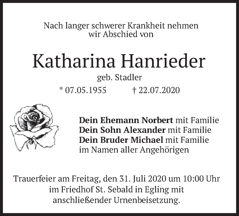  Traueranzeige für Katharina Hanrieder vom 29.07.2020 aus merkurtz