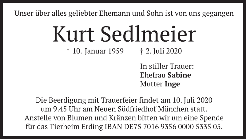  Traueranzeige für Kurt Sedlmeier vom 08.07.2020 aus merkurtz