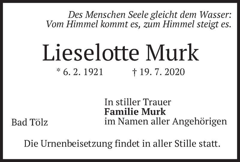  Traueranzeige für Lieselotte Murk vom 22.07.2020 aus merkurtz