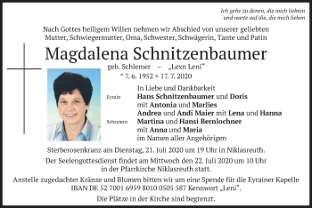 Traueranzeige von Magdalena Schnitzenbaumer von merkurtz