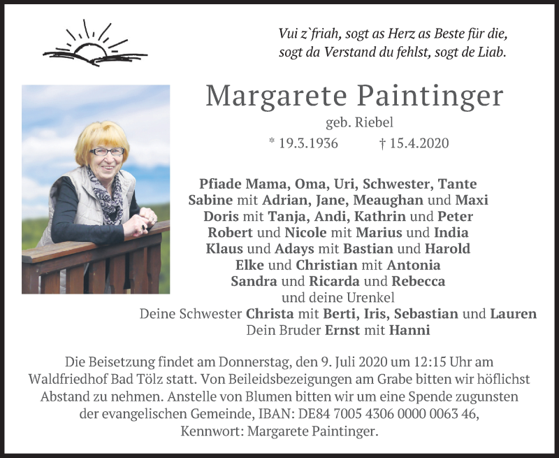  Traueranzeige für Margarete Paintinger vom 07.07.2020 aus merkurtz