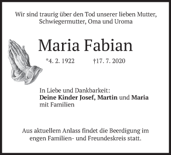 Traueranzeige von Maria Fabian von merkurtz
