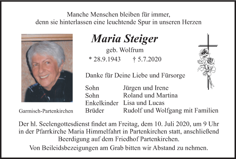  Traueranzeige für Maria Steiger vom 08.07.2020 aus merkurtz