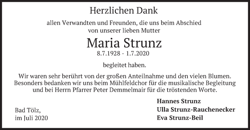  Traueranzeige für Maria Strunz vom 11.07.2020 aus merkurtz