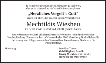 Traueranzeige von Mechtildis Wiesheu von merkurtz