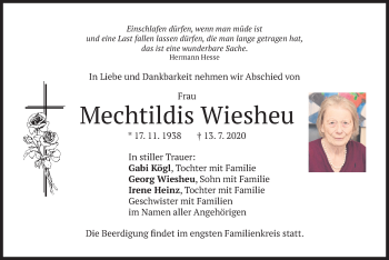 Traueranzeige von Mechtildis Wiesheu von merkurtz