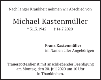Traueranzeige von Michael Kastenmüller von merkurtz