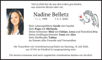 Traueranzeige von Nadine Belletz von merkurtz