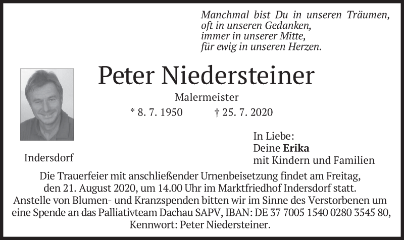  Traueranzeige für Peter Niedersteiner vom 29.07.2020 aus merkurtz