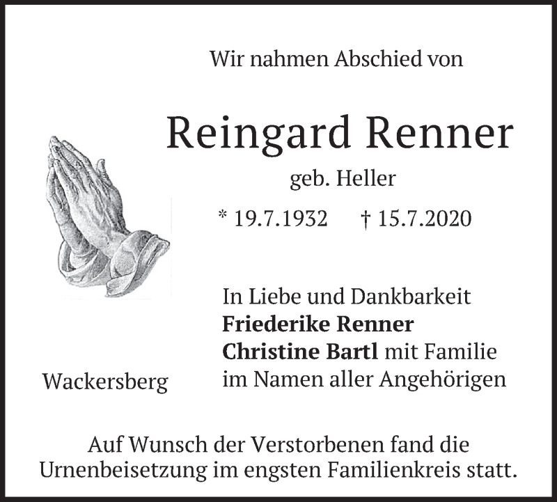 Traueranzeige für Reingard Renner vom 29.07.2020 aus merkurtz