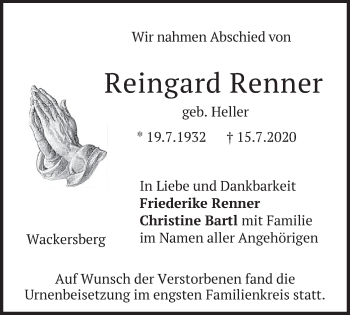 Traueranzeige von Reingard Renner von merkurtz