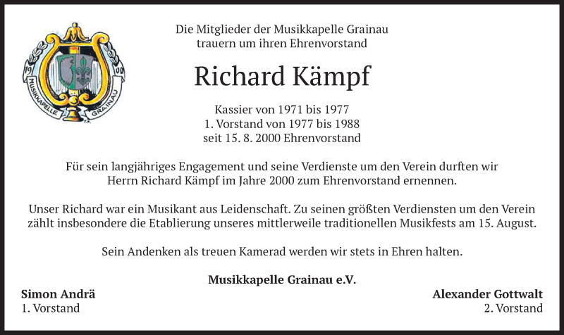  Traueranzeige für Richard Kämpf vom 29.07.2020 aus merkurtz