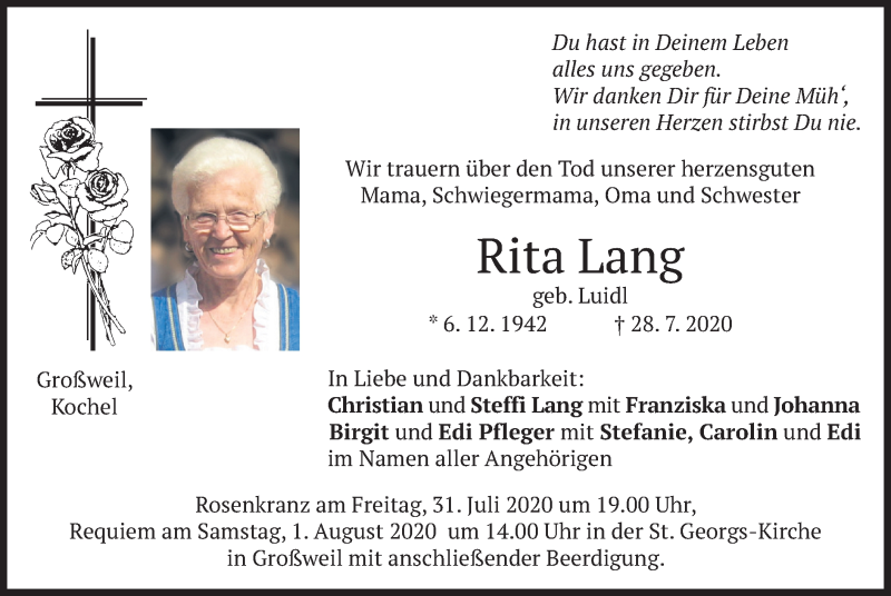  Traueranzeige für Rita Lang vom 30.07.2020 aus merkurtz