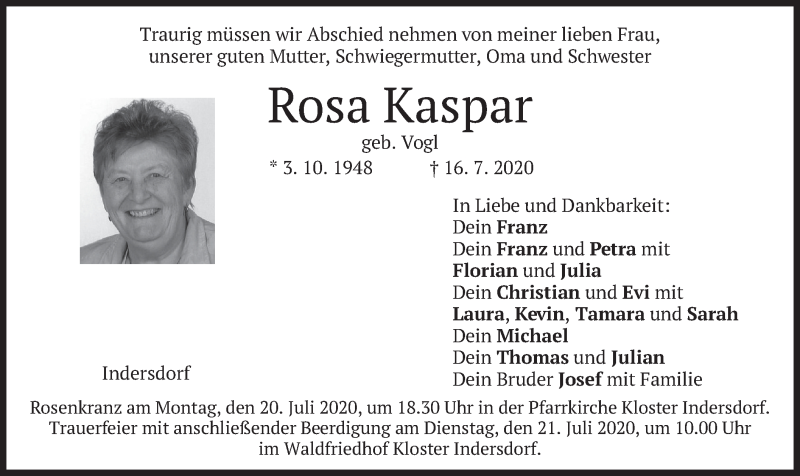  Traueranzeige für Rosa Kaspar vom 18.07.2020 aus merkurtz
