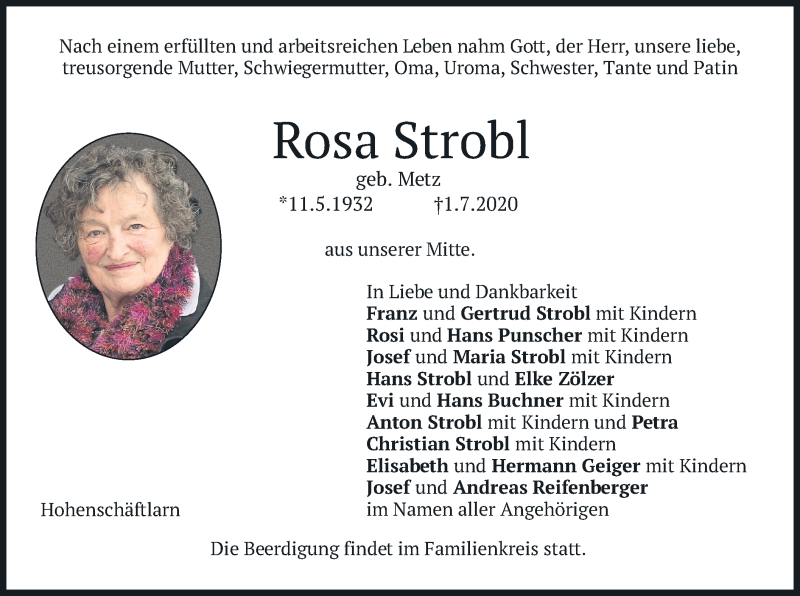  Traueranzeige für Rosa Strobl vom 04.07.2020 aus merkurtz