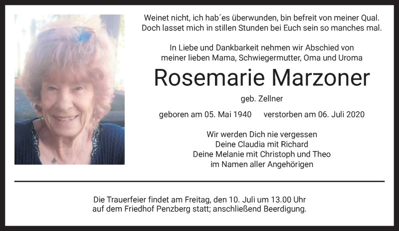  Traueranzeige für Rosemarie Marzoner vom 08.07.2020 aus Das Gelbe Blatt Penzberg