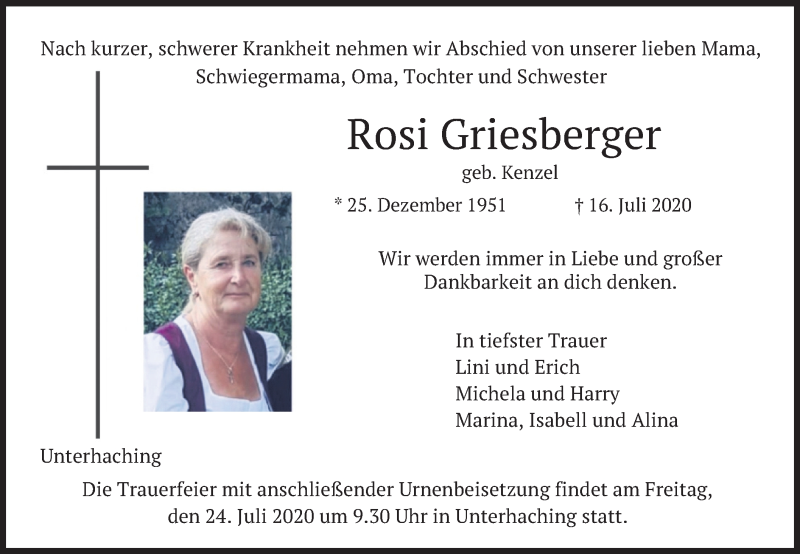  Traueranzeige für Rosi Griesberger vom 18.07.2020 aus merkurtz
