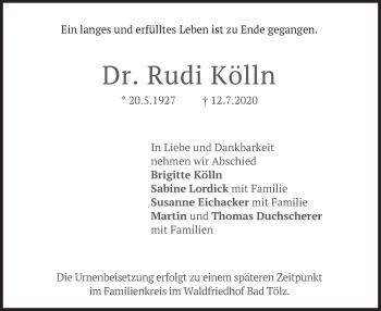 Traueranzeige von Rudi Kölln von merkurtz