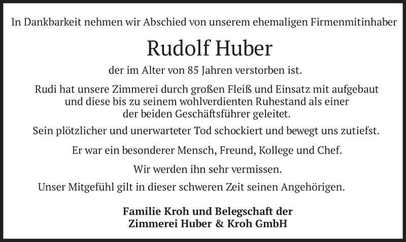  Traueranzeige für Rudolf Huber vom 07.07.2020 aus merkurtz