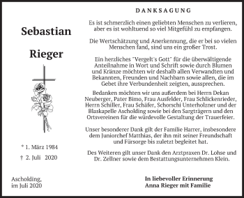 Traueranzeige von Sebastian Rieger von merkurtz