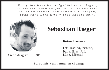 Traueranzeige von Sebastian Rieger von merkurtz