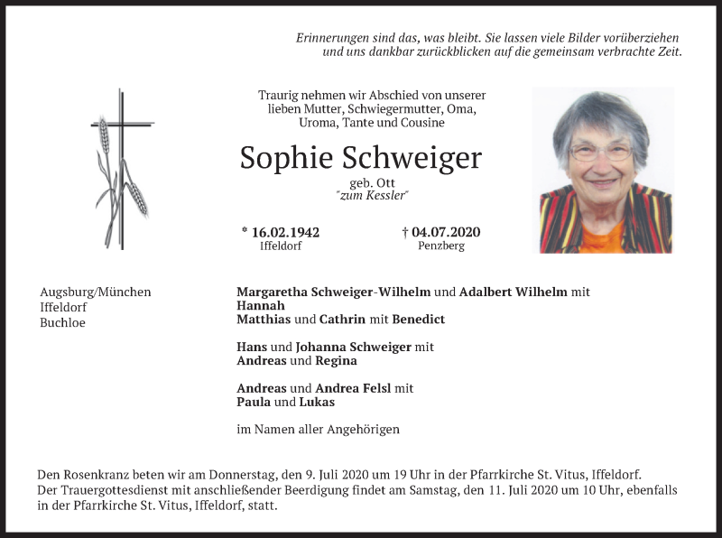  Traueranzeige für Sophie Schweiger vom 08.07.2020 aus merkurtz