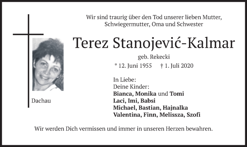  Traueranzeige für Terez Stanojevic-Kalmar vom 08.07.2020 aus merkurtz