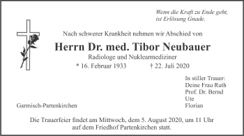 Traueranzeige von Tibor Neubauer von merkurtz