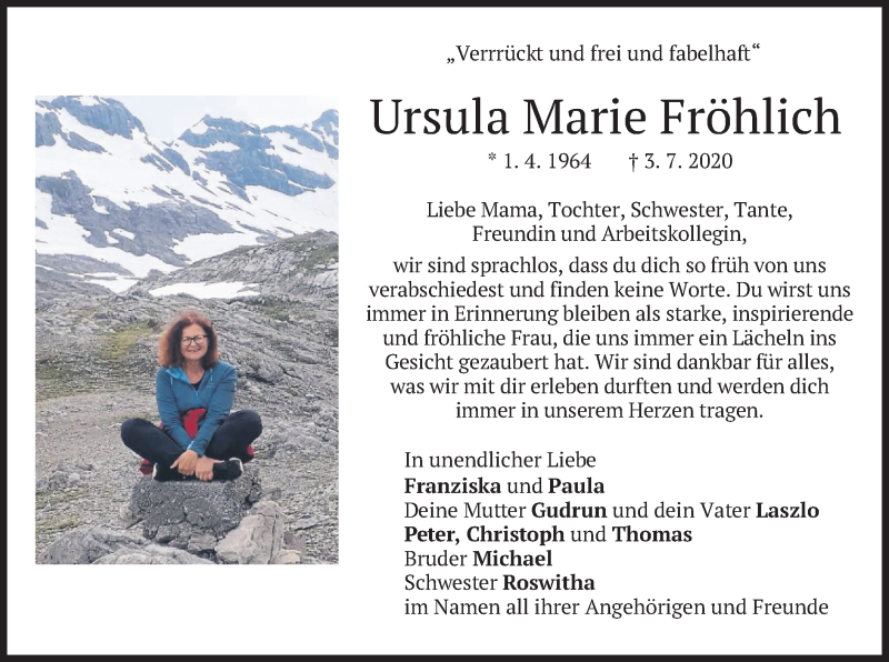  Traueranzeige für Ursula Marie Fröhlich vom 08.07.2020 aus merkurtz
