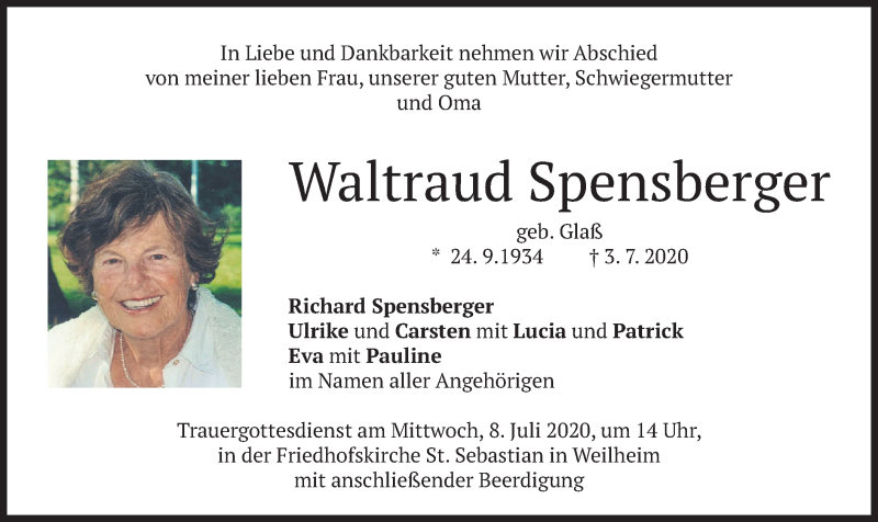  Traueranzeige für Waltraud Spensberger vom 04.07.2020 aus merkurtz