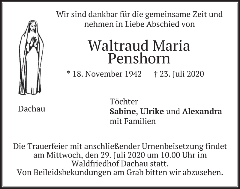  Traueranzeige für Waltraud Maria Penshorn vom 28.07.2020 aus merkurtz