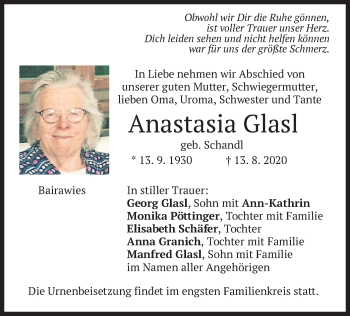 Traueranzeige von Anastasia Glasl von merkurtz