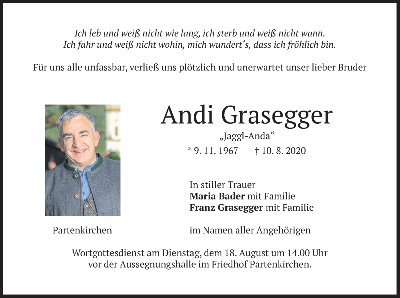  Traueranzeige für Andi Grasegger vom 13.08.2020 aus merkurtz