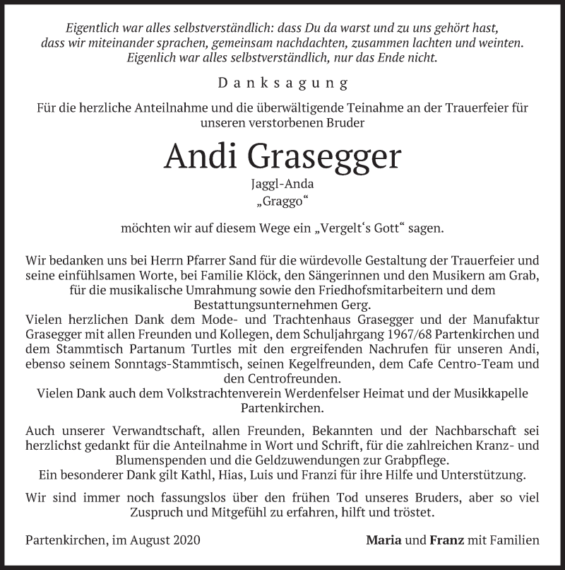  Traueranzeige für Andi Grasegger vom 29.08.2020 aus merkurtz