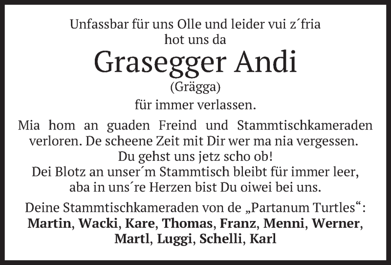  Traueranzeige für Andi Grasegger vom 14.08.2020 aus merkurtz