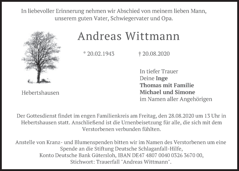  Traueranzeige für Andreas Wittmann vom 25.08.2020 aus merkurtz