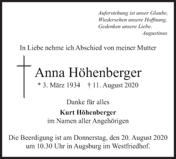 Traueranzeige von Anna Höhenberger von merkurtz