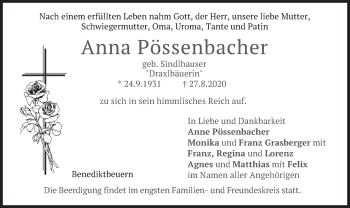 Traueranzeige von Anna Pössenbacher von merkurtz
