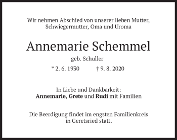Traueranzeige von Annemarie Schemmel von merkurtz