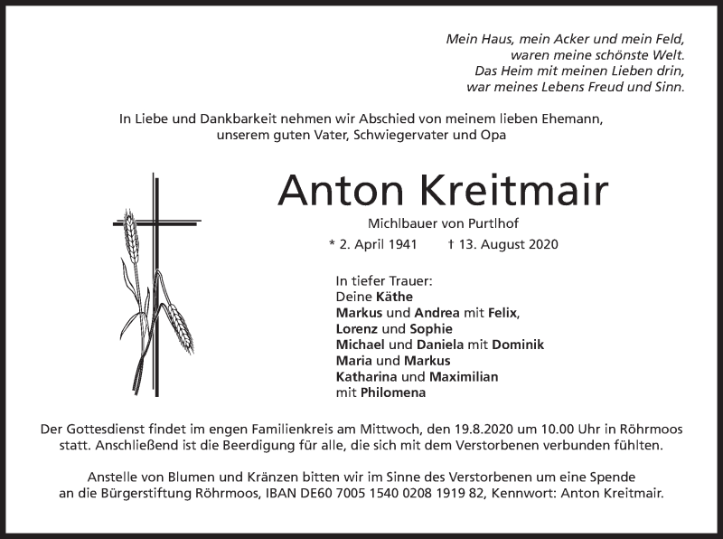 Traueranzeigen von Anton Kreitmair | trauer.merkur.de