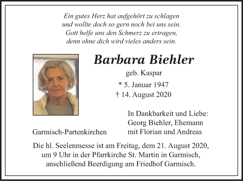  Traueranzeige für Barbara Biehler vom 19.08.2020 aus merkurtz