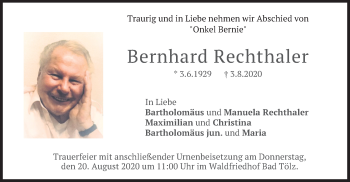 Traueranzeige von Bernhard Rechthaler von merkurtz