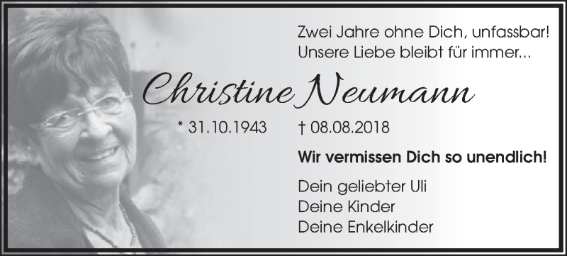  Traueranzeige für Christine Neumann vom 08.08.2020 aus merkurtz