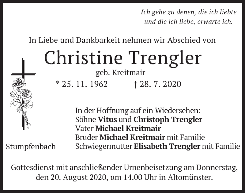  Traueranzeige für Christine Trengler vom 14.08.2020 aus merkurtz