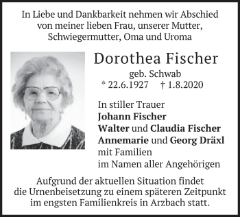Traueranzeige von Dorothea Fischer von merkurtz