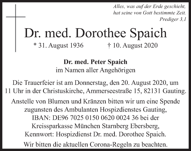  Traueranzeige für Dorothee Spaich vom 14.08.2020 aus merkurtz